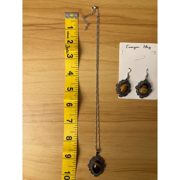 Canyon Sky Tigers Eye Necklace and Earrings Set Silver Tone Filigree - Picture 2 of 4